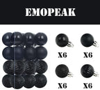 Emopeak 24Pcs Christmas Balls Ornaments for Xmas Christmas Tree - 4 Style Shatterproof Christmas Tree Decorations Hanging Ball for Holiday Wedding Party Decoration (Black, 1.3"/3.2CM)