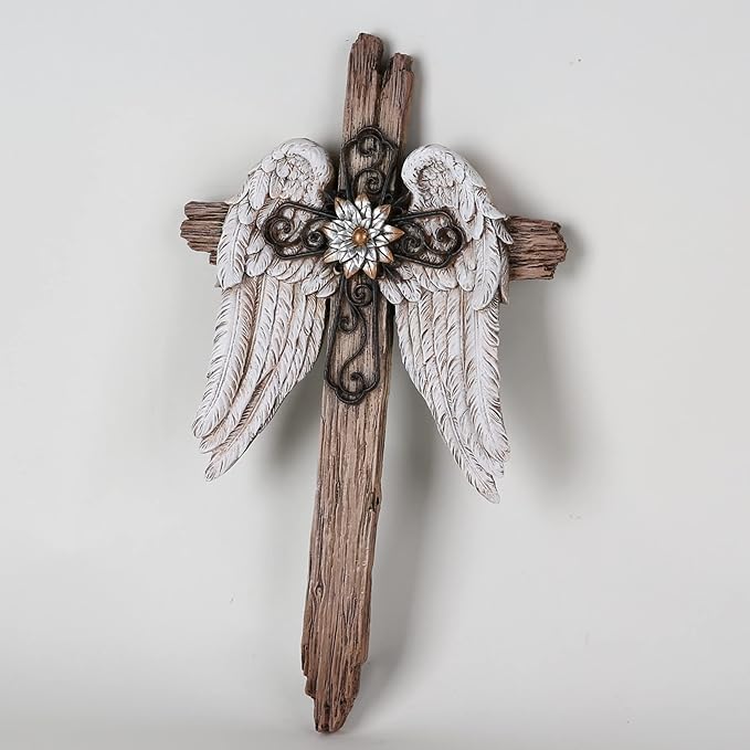 BC Home Decor Angel Wings Crosses Wall Décor, 12" H Angel Decoration Gifts For Women, Rustic Decor Style, Inspirational Wall Sculpture, Hand Painted by Buildclassic
