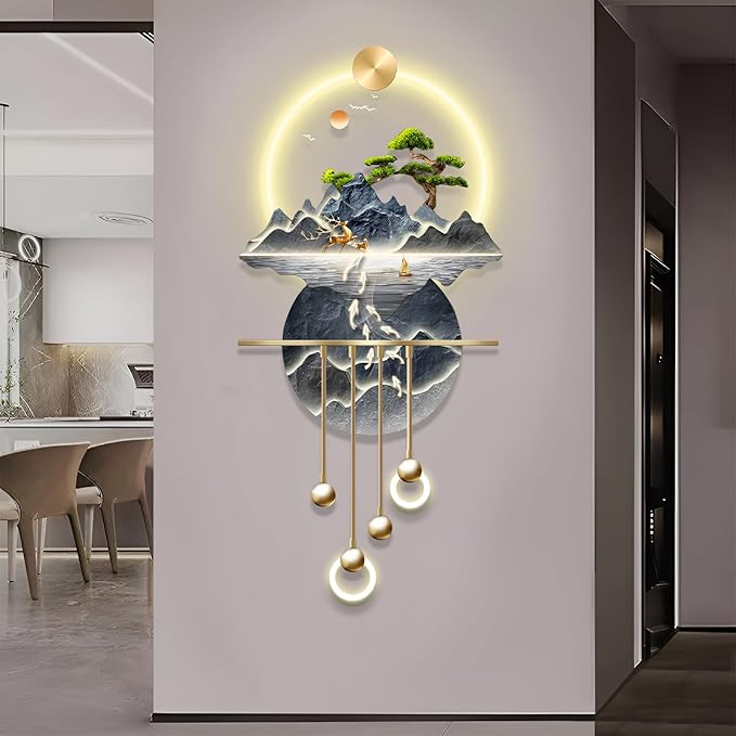 Wall Sculptures 3D Wall Art Decor Landscape Painting Wall Hanging Art with Led Light for Living Room Entrance Corridor (Stylle E)