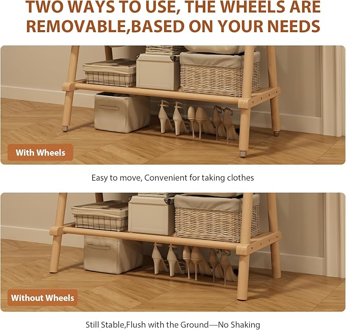 Solid Wood Clothing Rack, Rolling Clothes Rack for Hanging Clothes, Garment Rack with Shelves Load 350 Lbs, Portable Closet Organizer on Wheels for Hanging Clothes (Natural)
