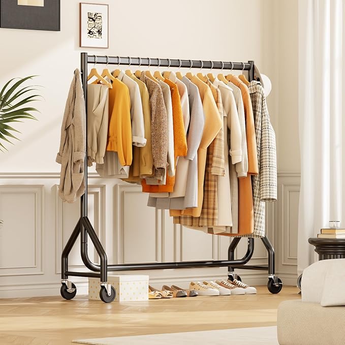 Clothes Clothing Rack, Rolling Heavy Duty Clothes Rack Load 420 LBS With Wheels, Metal Clothes Rack for Hanging Clothes, Portable Standing Clothes Garment Rack, Black,48 inches