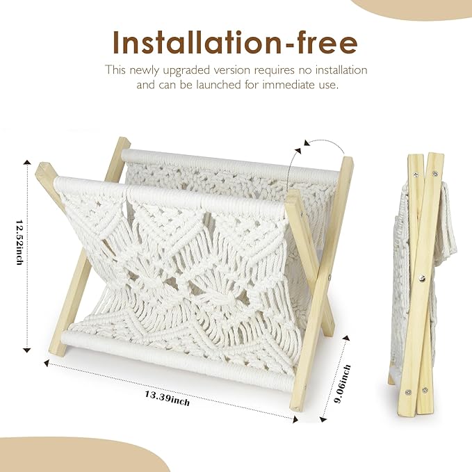 Boho Macrame Magazine Holder,Hand-Woven Magazine Rack for Home Office Desktop, Storage Basket for Letters, Magazines, Books and Newspapers (White)