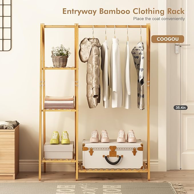 Small Clothes Racks,Kids Clothes Hanging Rack, Bamboo Wood Clothing Garment Rack with Shelves, Free Standing Corner Dress Costume Rack for Small Place,Bedroom,Bathroom, Portable