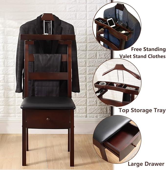 Wood Chair Valet Stand With Hanger Trouser Bar, Top Storage Tray Wardrobe, Clothing Rack Chair Valet With Cushion Wardrobe Men Women Standing Suit Valet for Hotel, Commercial(Dark Brown)