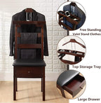 Wood Chair Valet Stand With Hanger Trouser Bar, Top Storage Tray Wardrobe, Clothing Rack Chair Valet With Cushion Wardrobe Men Women Standing Suit Valet for Hotel, Commercial(Dark Brown)