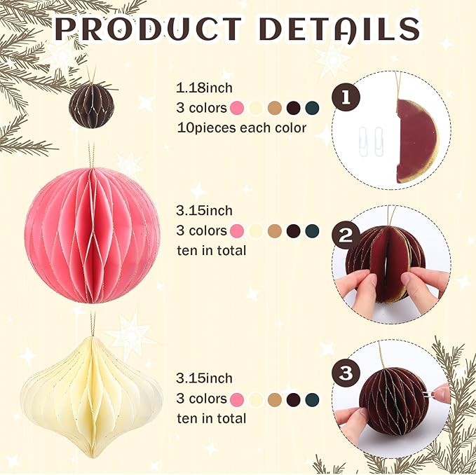 TecUnite 50 Pcs Christmas Paper Honeycomb Ornaments for Tree Vintage 3D Mini Glitter Edge Paper Christmas Ornament Honeycomb Tree Hanging Neutral Boho Holiday Xmas Party Decoration(Boho)