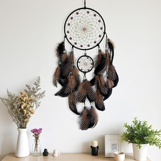 Brown and Black Dream Catcher Wall Decor Feather Dream Catchers with Luminous Bead Handmade Dreamcatcher Wall Hanging Ornament for Bedroom Living Room Home Decor