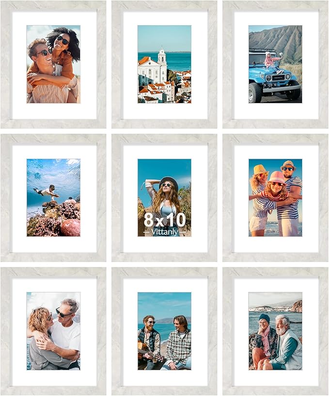 Vittanly 8x10 Picture Frames Set of 9, Shatter Resistant Plexiglass, Display 5x7 Pictures with Mat or 8x10 without Mat, Photo Frames for Wall or Tabletop, Engineered Wood, Vintage Marble White