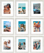 Vittanly 8x10 Picture Frames Set of 9, Shatter Resistant Plexiglass, Display 5x7 Pictures with Mat or 8x10 without Mat, Photo Frames for Wall or Tabletop, Engineered Wood, Vintage Marble White