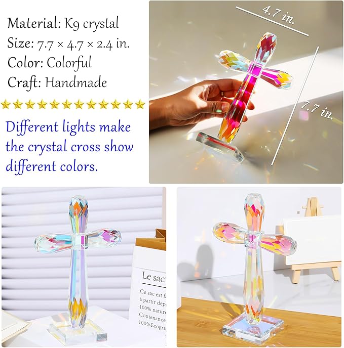 YWHL Colorful Crystal Standing Cross Decor, Handmade Glass Holy Cross Collectible Figurines Decoration, Religious Gifts for Women Men, Christian Easter Cross for Home Office Decor