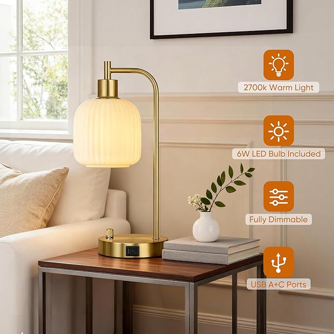 QiMH Industrial Table Lamp for Bedroom Set of 2, Cream Glass Beside Lamp with USB A&C Ports, Stepless Dimmable Gold Lamps, Nightstand Lamps for Living Room, Office, Home Decor(Bulb Included)