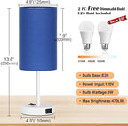 ZJOJO Table Lamp for Bedroom Set of 2, Bedside Small Lamps with 3 Way Dimmable Rocker Switch and AC Outlet, Nightstand Desk Lamp with Blue Fabric Shade White Base for Living Room Home Decor Lights
