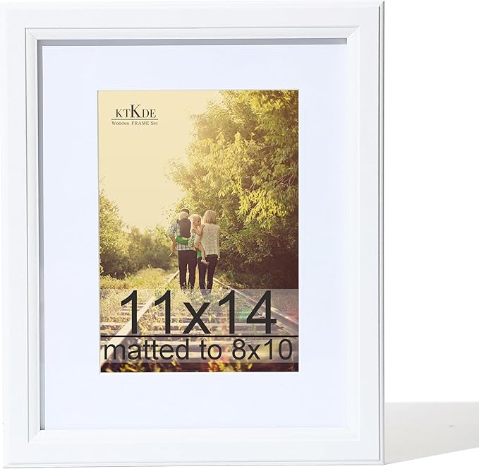 KTKDE 11x14 Picture Frame Real Glass, Display Pictures 8x10 with Mat or 11x14 Without Mat, Modern Style Wood Composite Frame,Gallery Wall Frame Wooden White ，best gift