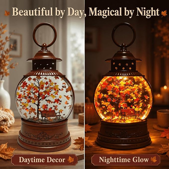 Fall Snow Globe Lantern with Swirling Maple Leaf Glitter 6H Timer Battery & USB Powered Fall Decor Autumn Snow Globe for Thanksgiving, Home, Tabletop Decoration