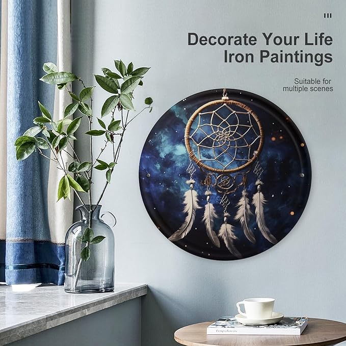 Wall Picture, with White Fantasy Dream Catcher Printed Circular Iron Hanging Picture,Wall Art Decor,Home for Bedroom Living Room Bathroom Decor,Iron Painting 11.8X11.8 in