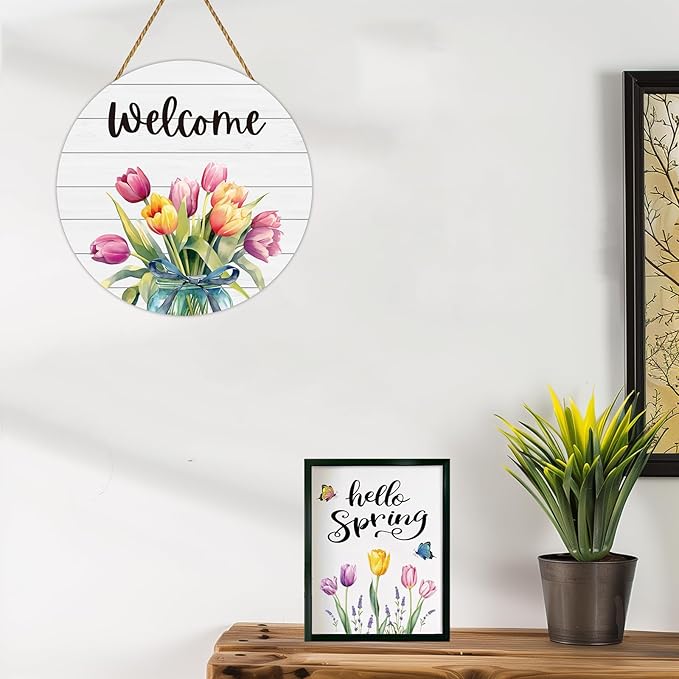 Spring Decorations for Home Spring Door Decor Mason Jar Tulip Wall Decor Wooden Tulip Wreaths for Front Door Hanger Welcome Sign for Porch Wall Indoor Home Decor (Tulip)