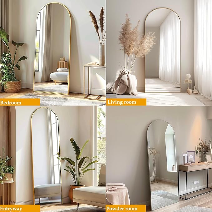 Dewfig Arched Full Length Mirror, 64"X21" Large Floor Mirror, Full Body Mirrors for Leaning or Hanging, Standing Mirrors for Bedroom, Living Room,Dressing Room, Aluminum Alloy Frame, Gold