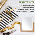 LFOYOU Vanity Makeup Mirror with Natural Bamboo Stand, Double Sided 360 Degree Swivel Magnifying Mirror, Tabletop Magnified Make up Mirror for Bathroom or Bedroom 8 Inch