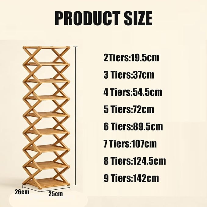 9 Tier Bamboo Shoe Rack, Foldable Shoe Rack, Shoe Rack, Ertical Shoe Organizer for Small Spaces, No Assembly Narrow Shoe Shelf for Entryway Closet Dorm (Yellow, 9 Layers)