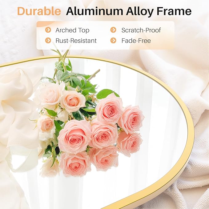 Bathroom Mirror for Wall, 36x24 Inch Arched Mirror, Matte Gold Metal Framed Bathroom Vanity Mirror for Restroom Farmhouse, Anti-Rust, Tempered Glass, Hanging or Leaning