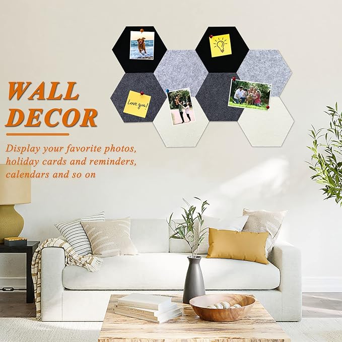 8Pcs Hexagon Felt Cork Board Tiles, Self Adhesive DIY Bulletin Board Pin Board for Office School Home Wall Decor Stickers Memos Photos Display (Gradual Grey)