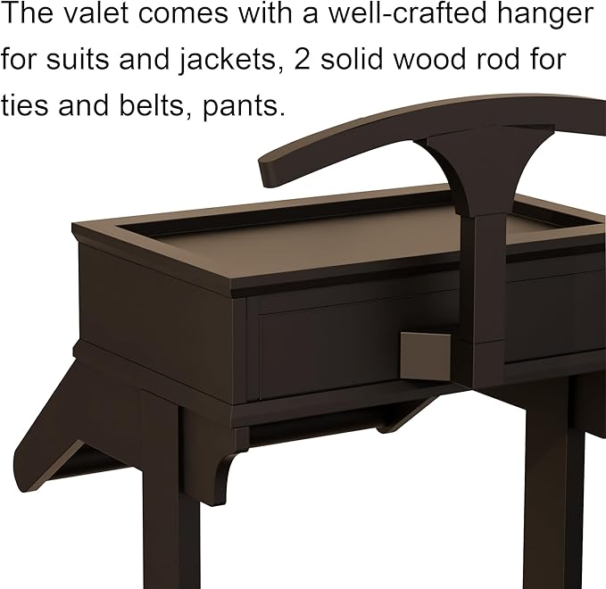 Brefhome Mens Valet Stand with Drawer & Tray, Wooden Clothing Rack for Men Women, Modern Garment Rack for Entryway, Bedroom, Black (Tray + Drawer)