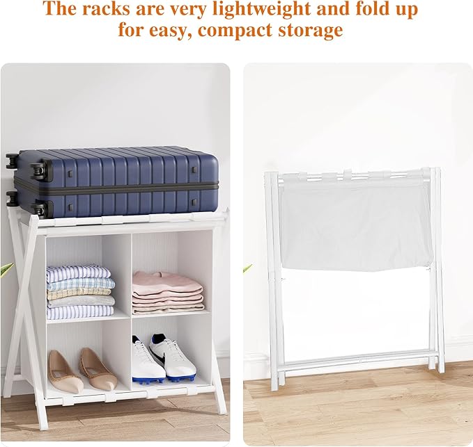 aboxoo Luggage Rack with storage, Guest Room Folding Suitcase Stands, Holds up to 120 lb, Space Saving Suitcase Holders for guest room, Bedroom Hotel, White