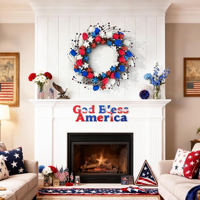 21" Patriotic Wreath for Front Door 4th of July Wreaths with Red White Blue Tulip Flowers&Berry for 250th Anniversary USA Memorial Day, Independence Day Home Porch Wall Outdoor Farmhouse Decoration