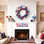 21" Patriotic Wreath for Front Door 4th of July Wreaths with Red White Blue Tulip Flowers&Berry for 250th Anniversary USA Memorial Day, Independence Day Home Porch Wall Outdoor Farmhouse Decoration