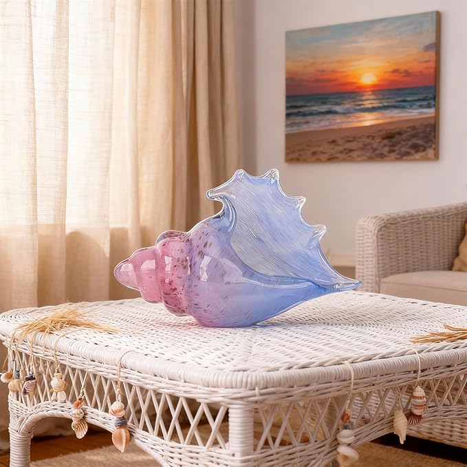 DOVDOV Hand-Blown Glass Conch Sculpture, Coastal Home Decor Conch Horn, Glass Art Seashell Ornament, Office, Living Room Tabletop Centerpiece, Bathroom Shelf top and Cabinet Decoration.