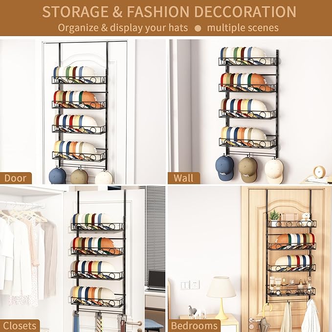 Over Door Hat Organizer 5 Tier Wall Mounted Hat Rack with 4 Adjustable Metal Basket and 3 Hooks Hat Organizer for Baseball caps Hat Hanger Holder Display for Door Closet Cap Organizer Storage