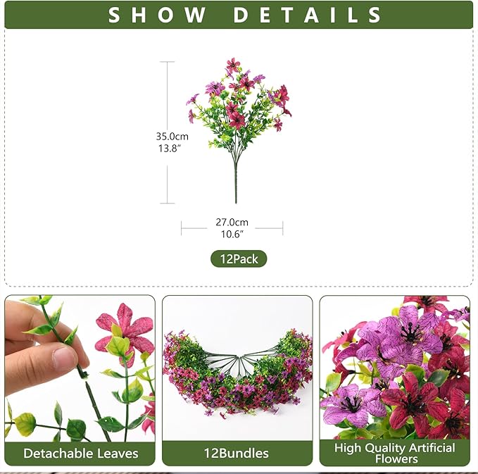 Artificial Fake Outdoor Plants Flowers for Spring Decoration, 12 Bundles UV Resistant Faux Daisy Silk Flower with Eucalyptus Stem for Outside Planters Porch Patio Yard Garden (Light Purple Fuchsia)