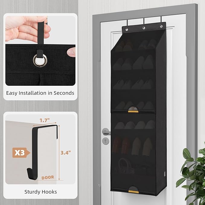STORAGE MANIAC Over the Door Shoe Organizer with Curtain Dustproof Heavy-Duty Large Deep Pocket Hanging Shoe Organizer for Closet Dorm & Narrow Door Storage Shoe Holder Shoe Rack, 7-Shelf Black 1 Pack