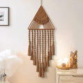 LOMOHOO Macrame Woven Wall Hanging Dream Catcher Triangle Tassel Geometric Art Boho Backdrop Bohemian Home Decor Wall Art Beautiful Apartment Dorm Room Door Decoration(Brown)