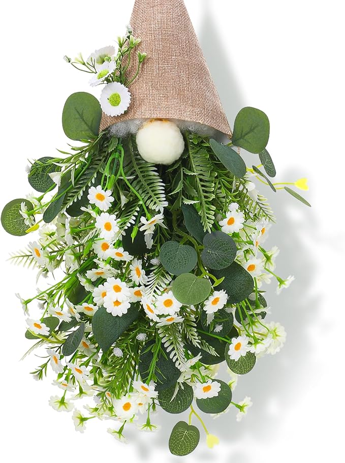 23.6 x 9 in Daisy Gnome Hanging Decor, Artificial Floral Burlap Gnome Swag for Spring Summer Door, Window, Wall and Porch Decoration