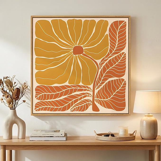 Framed Boho Abstract Floral Wall Art for Living Room, Square Orange Flower Canvas Artwork for Walls, Mid Century Modern Bohemian Pictures Wall Decor for Bedroom Dining Room Hallway Office, 24x24 Inch
