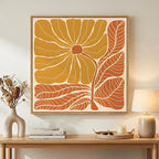 Framed Boho Abstract Floral Wall Art for Living Room, Square Orange Flower Canvas Artwork for Walls, Mid Century Modern Bohemian Pictures Wall Decor for Bedroom Dining Room Hallway Office, 24x24 Inch
