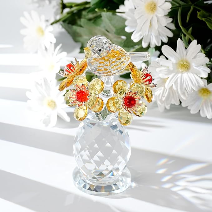 Crystal Bird & Forget-Me-Not Flower Figurine,3x4 inch Glass Flower Collectible Ornaments for Home Decor Table Centerpiece Glass Bouquet Flowers Keepsake Gifts for Women （Yellow）