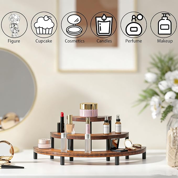 3-Tier Wooden Display Risers, Rustic Cupcake Stand, Perfume Organizer, Dessert Table Display Set for Party & Home Decor (Brown)