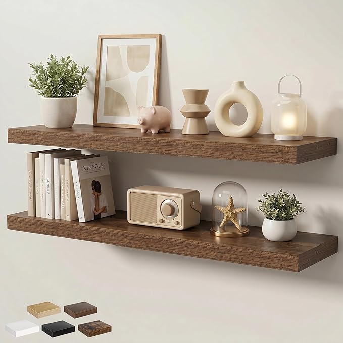 Floating Shelves for Wall 48 in x 9.3 in Deep, Wall Mounted Rustic Wood Shelf with Invisible Brackets for Storage & Display, Living Room Bedroom Bathroom, Walnut, 2 Pack