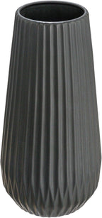 Bloomingville Round Stoneware Fluted Vase with Embossed Lines, Matte Black