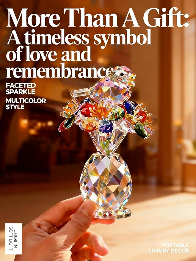 Crystal Figurines with Bird & Forget-Me-Not, 4.7 Inch K9 Crystal Keepsake & Paperweight, Romantic Home Decor Table Centerpiece for Mother Wife Sister (Colorful)