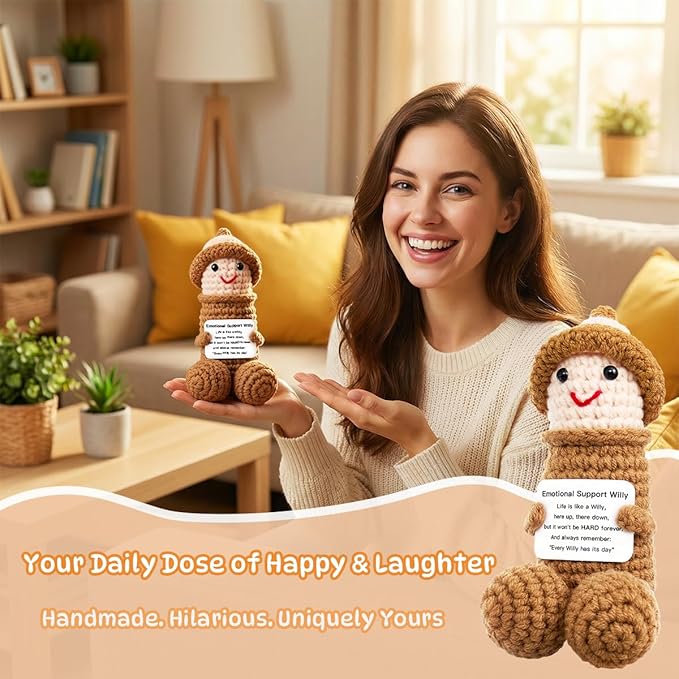 Funny Positive Crochet Animals Gag Doll Emotional Support Stuffed plushies for Adult Men Women,Weird Things Motivational White Elephant (Brown W with Hat)