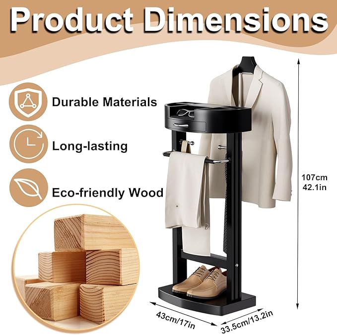 Valet Stand for Men and Women with Tray, Standing Suit Stand with Storage Drawer and Bottom Shoe Rack, Clothes Valet for Living Room, Entryway, Bedroom, Office, Black