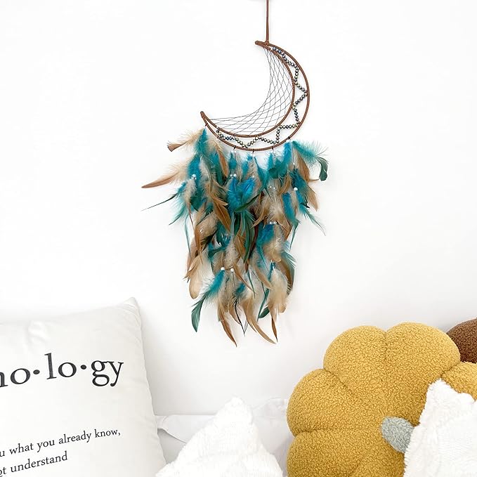 Green Dream Catchers, Large Moon Dream Catcher for Bedroom, Perfect Handmade Dream Catchers Wall Decor Hanging Ornament Art Craft Gift(Green Moon)