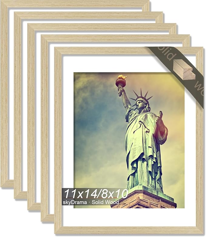 100% Solid Wood 11x14 Picture Frame Set of 5, Natural Oak Frame Display Photo 8x10 with Mat or 11 x 14 without Mat, 11 by 14 Frame Natural Wood Finish for Wall - 5 Pack/Natural/11 x14