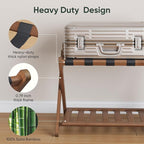 Set of 2 Fully Assembled 26.77" Dark Walnut Luggage Racks with Foldable Shoe Shelf, 5 Heavy-Duty Straps Bamboo Suitcase Stand, Luagge Holders for Guest Room Bedroom, Hotel