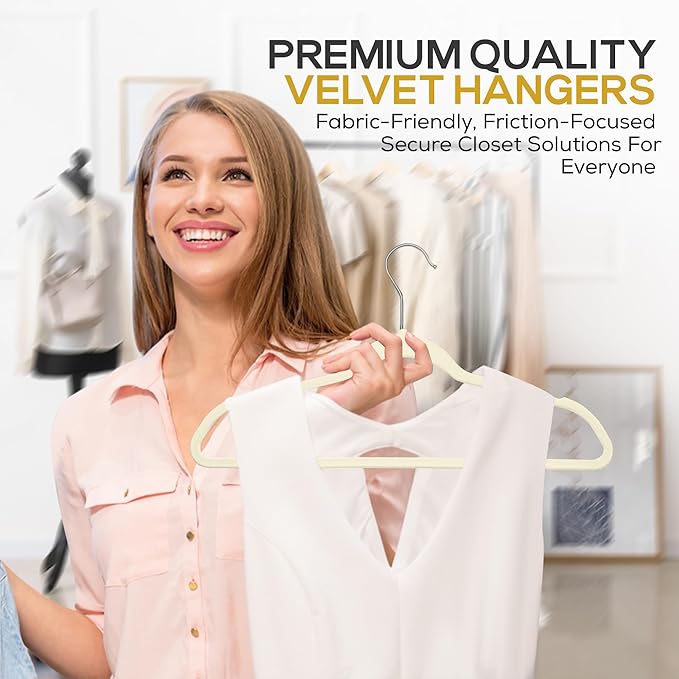 50 Pack New Premium Quality Velvet Hangers Ultra Thin Non Slip Adult Felt Space Saving Hangers for Closet Heavy Duty Coat Pants Jackets Dress Hangers 360° Swivel Hook Hold Upto 10 lbs Ivory