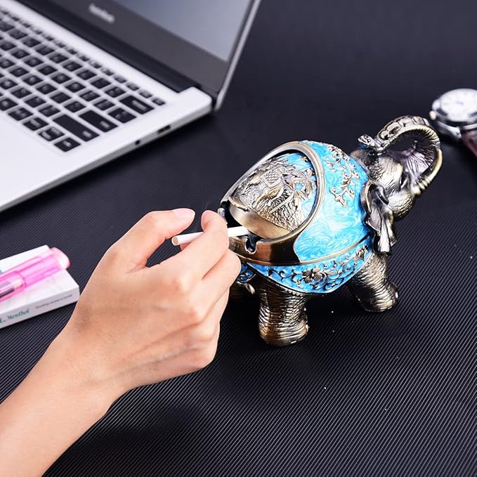 Stand Elephant Decorative Windproof Ashtray with Lid for Cigarettes Metal Portable Cigar Ashtray Odor Eliminator Indoor outdoor Hand Carved Fancy Gift ornament for Men Women (Light Blue)