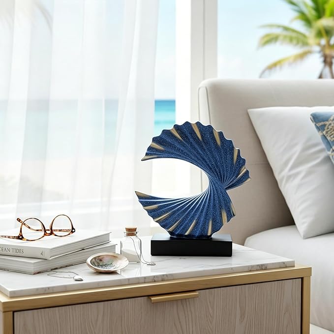 Blue Gold Wave Sculpture, Modern Ocean Wave Home Accents, Resin Art Statue for Shelf, Coffee Table, TV Stand Adornos Modernos